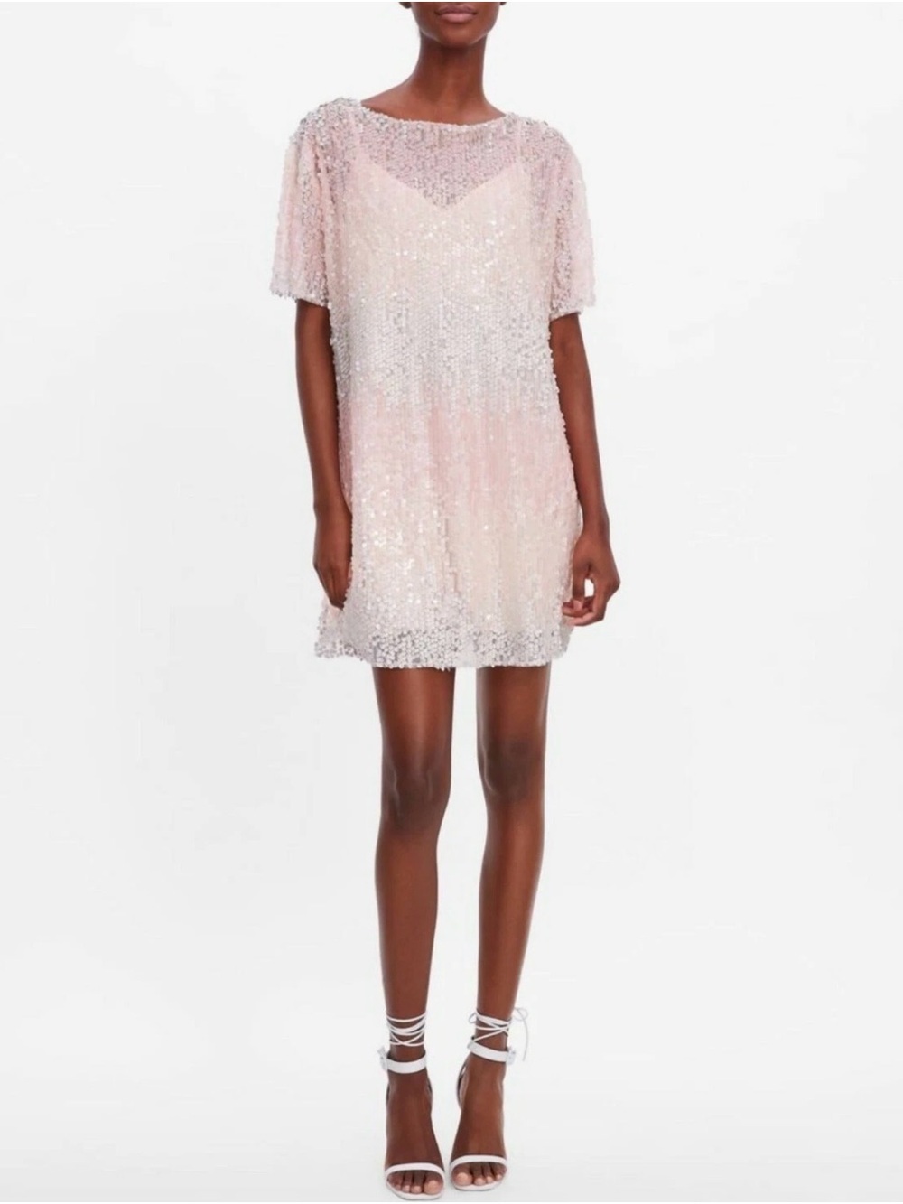 Zara Pink Sequin Shift Dress S Small Shiny Ombre Glitter Mesh Short Sleeve NWOT
